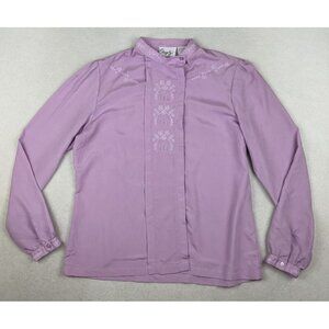 VINTAGE WOMEN'S LAVENDER PURPLE EMBROIDERED LONG SLEEVE BLOUSE - SHAPELY - 16